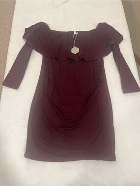 PinkBlush Burgundy Off The Shoulder Ruffle Maternity Dress - Size Small